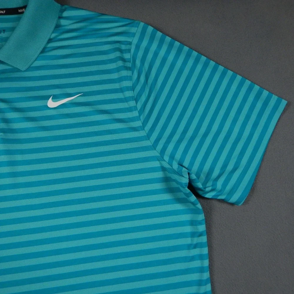 Nike Golf Polo Shirt Mens L Blue Green Striped Dri-Fit Short Sleeve Tour 18 Logo